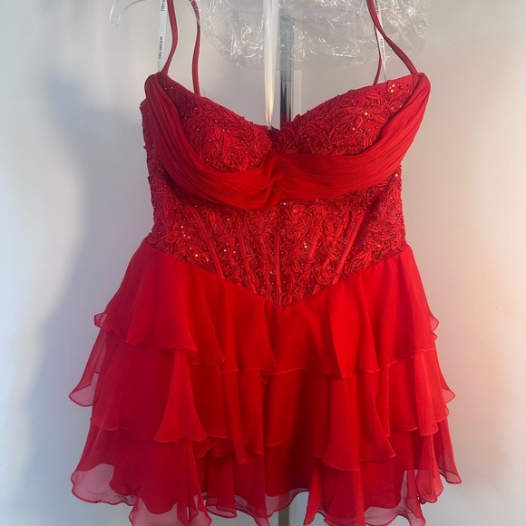 Sherri Hill Red Mini Dress Winter dance 57572 corset ruffles sequins short - Picture 4 of 13